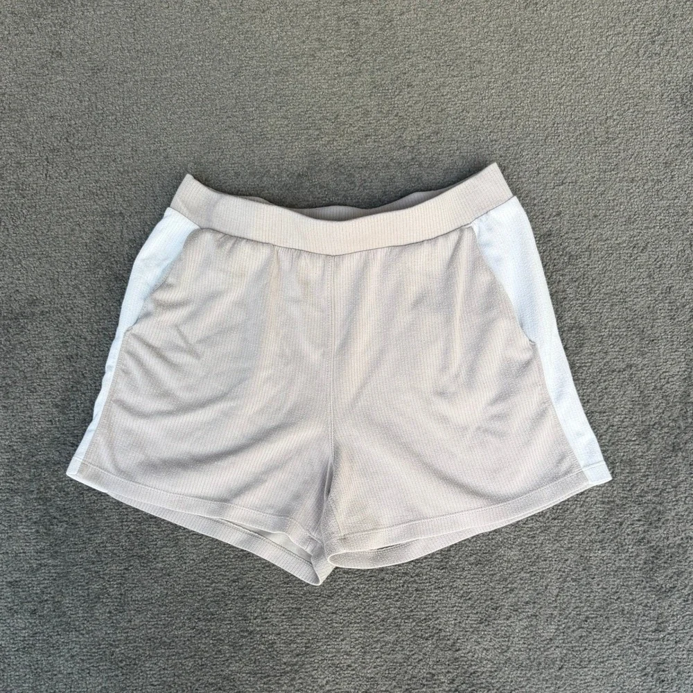 Danskin Womens Ribbed Mesh Side Athletic Shorts Tan White Style 4062 Size M